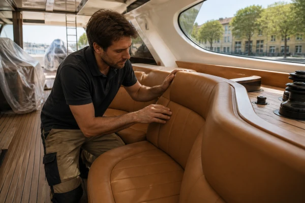 Rénovation de mobilier de yacht avec cuir nautique Cannes